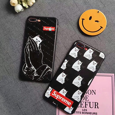 シュプリーム iPhoneX/8/7 plusケース かわいい ネコ パロディ RIPNDIP